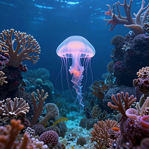 Photograph of a glowing, translucent jellyfish with long, trailing tentacles, floating amidst vibrant coral reefs in a deep blue underwater setting.