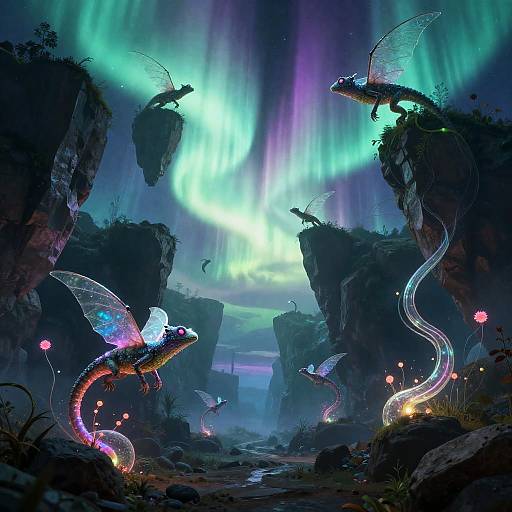 Neon Canyon with Glass-Winged Reptiles Under Aurora
