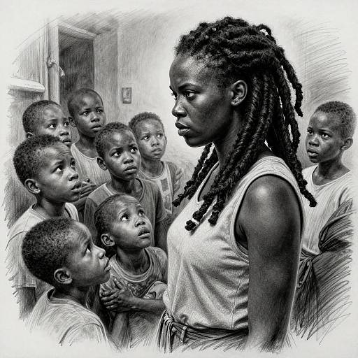 Black-and-white photograph of a Black woman with long dreadlocks, wearing a sleeveless top, standing among a group of curious, attentive African children in