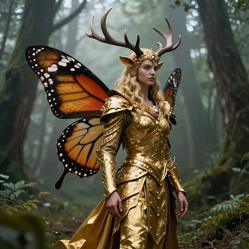 Fantasy forest photograph: Blonde woman with antlers, golden armor, and orange-black butterfly wings stands among misty trees. Ethereal, mystical atmosphere