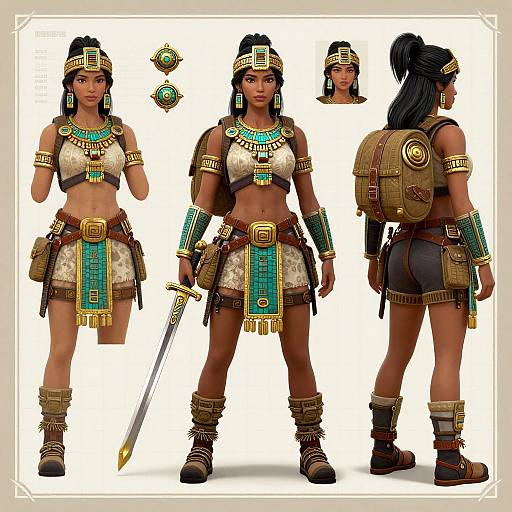 Digital character design of a dark-skinned, Native American-inspired warrior woman in detailed tribal armor, showcasing front, back, and side views.