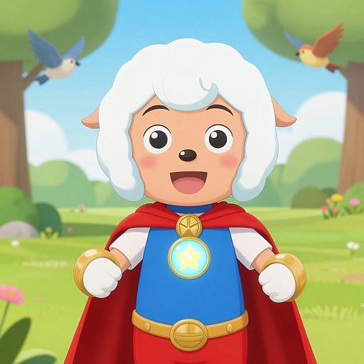 Cartoon sheep superhero with white wool, blue shirt, red cape, and golden emblem, standing in sunny, colorful forest background.