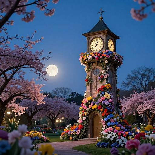 Photograph of a clock tower adorned with vibrant flowers, surrounded by cherry blossom trees under a twilight blue sky with a full moon.