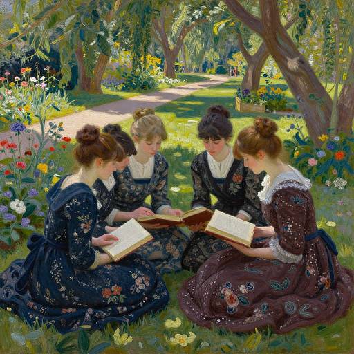 Four Victorian women in floral dresses, seated in a sunlit, lush garden, reading books together under a tree. Digital painting.
