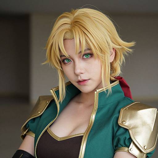 Photograph of a blonde, green-eyed cosplayer with short hair, wearing a green and gold armored top, black bodice, in a dimly