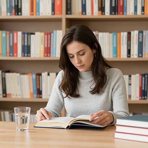 Photograph of a young woman with long dark hair, wearing a white sweater, reading a book at a library table. Background: colorful bookshelves