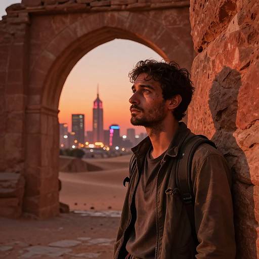 Photograph of a bearded man with curly hair, wearing a black jacket, leaning against a red-lit stone archway at sunset, with a