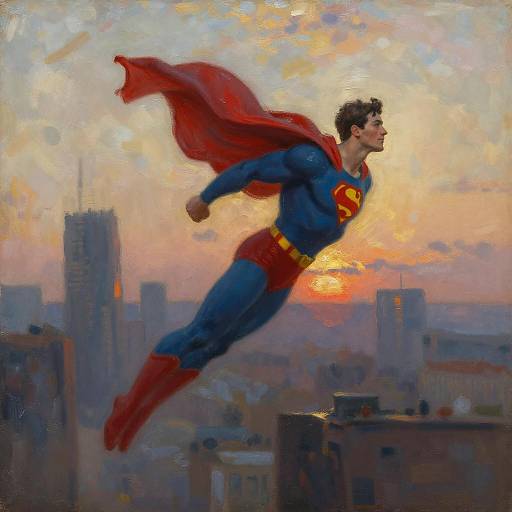 Heroic Superhero Flying Over Cityscape