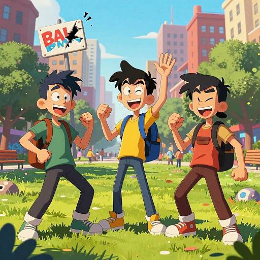 Digital cartoon of three excited, smiling boys with backpacks, standing on a sunny park lawn, waving arms, with a 