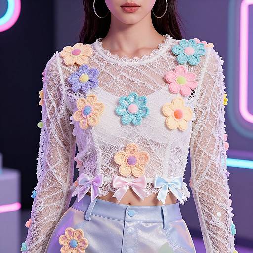 Photograph of a woman in a white lace crop top adorned with colorful fabric flowers, paired with high-waisted silver pants, against a neon-l