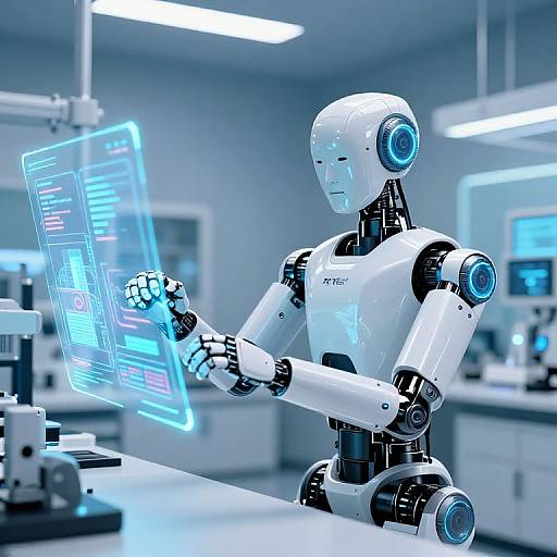 Photograph of a white, futuristic, humanoid robot with blue glowing eyes and joints, typing on a holographic screen in a bright, modern laboratory.