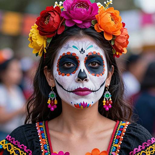 Photograph of a young woman with white face paint, colorful flower crown, and intricate Day of the Dead makeup, wearing vibrant earrings and embroidered black dress
