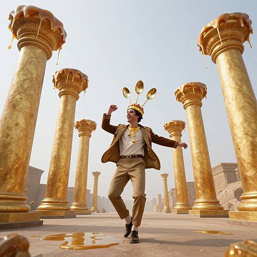 Photorealistic CGI: Confident man in brown suit, gold headgear, and jewelry, dances between towering, dripping gold columns in a sunny,