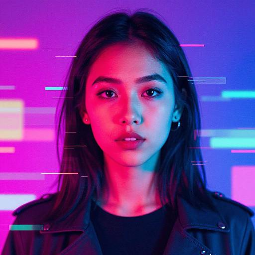 Neon-lit portrait of young woman with long brown hair, wearing black top and jacket, illuminated by vibrant pink and blue lights. Digital glitch effects