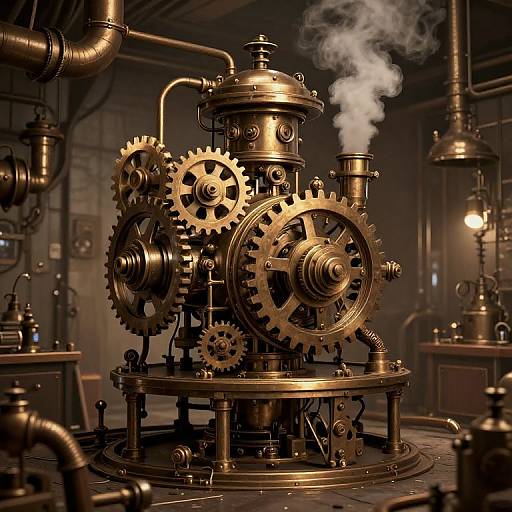 Photorealistic CGI of an industrial steam engine with large copper gears, emitting white steam, surrounded by dark metallic pipes and fixtures.