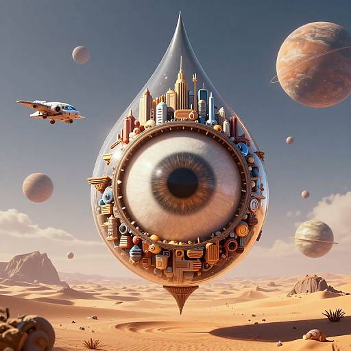 Digital art: surreal, teardrop-shaped city with giant eye, skyscrapers, and futuristic buildings, floating in a desert with planets and a
