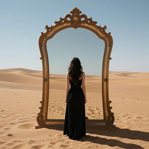 Photograph: Woman in black dress stands before large ornate gold mirror in desert, reflecting clear blue sky and sandy dunes.