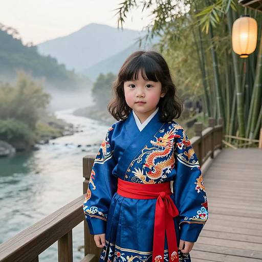 Photograph of an Asian girl with black hair, wearing a blue traditional Korean hanbok with red sash and dragon embroidery, standing on a wooden