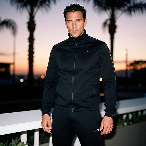 Photograph of a fit, dark-haired man in black athletic gear standing against a sunset-lit, palm tree-lined background.
