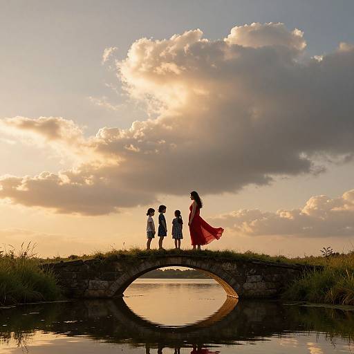 Silhouetted family, including woman in flowing red dress, stands on stone bridge at sunset, with reflective water below and cloudy sky.