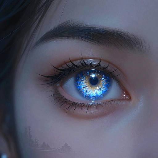 Close-up photograph of a woman's striking blue eye with a vibrant iris, thick black eyelashes, and a subtle pinkish-brown skin tone.