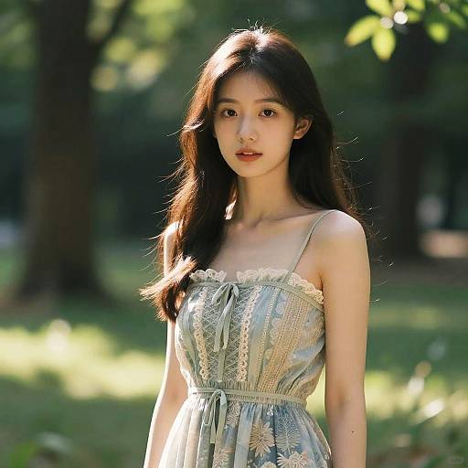 Photograph of a young Asian woman with long black hair, wearing a light blue, lace-trimmed dress, standing in a sunlit forest.