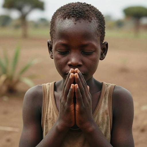 Photograph of a young African boy with dark skin, short curly hair, and a tan sleeveless shirt, praying with hands clasped, outdoors in