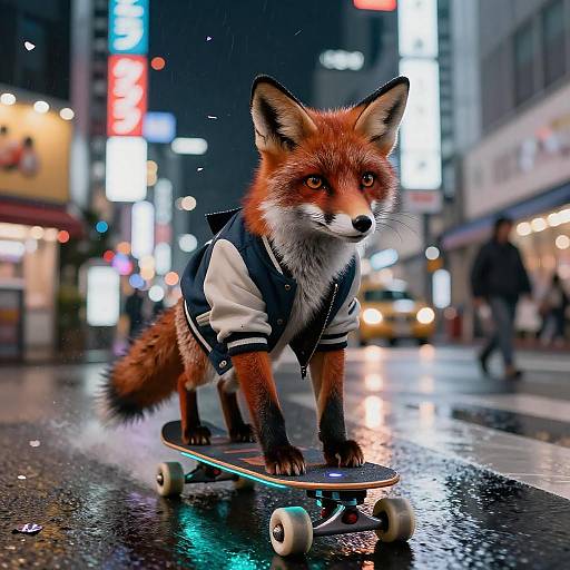 Anthropomorphic Fox Riding Electric Longboard in Tokyo
