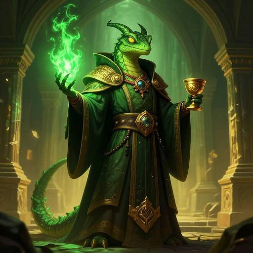 Digital artwork of a green-scaled dragon wizard in ornate black robes, holding a glowing green flame in one hand and a golden chalice in the