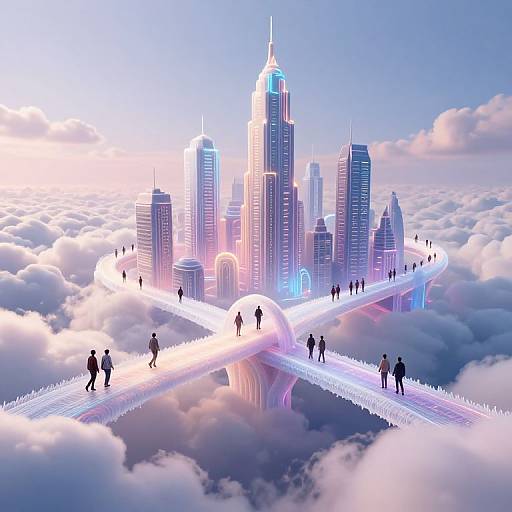 Digital illustration of a futuristic city with neon-lit skyscrapers floating above clouds, connected by glowing white bridges, with silhouetted people walking