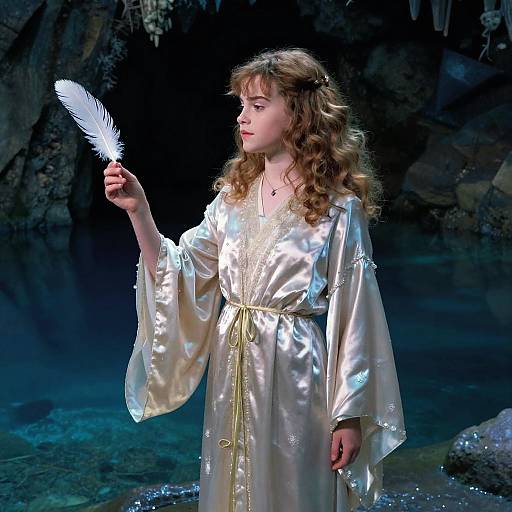 Photograph of a young girl with curly brown hair, wearing a shiny, silver silk robe, holding a white feather, standing in a dark, rocky