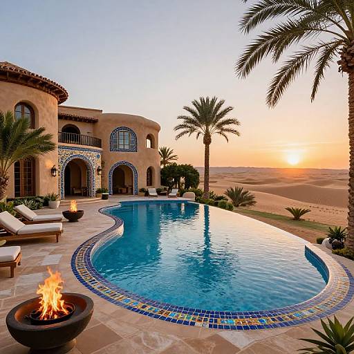 Photograph of a luxurious desert villa at sunset, featuring an ornate, blue-tiled pool, palm trees, and a burning fire pit.
