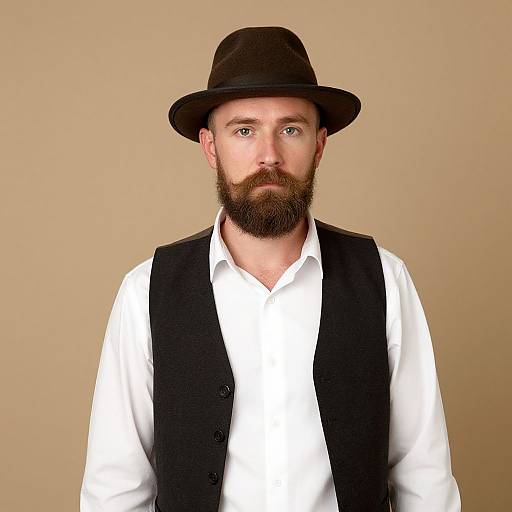 Photograph of a bearded man with a brown fedora, wearing a white shirt and black vest, against a plain beige background.