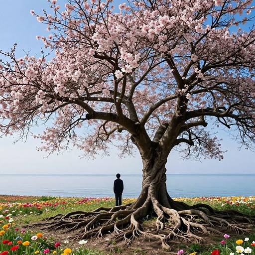 Photograph of a person standing under a blooming cherry tree with pink flowers, overlooking a colorful flower field and ocean.