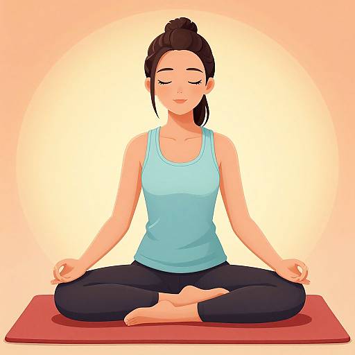 Digital illustration of a serene Asian woman with black hair in a bun, wearing a blue tank top and black leggings, meditating cross-legged on a red