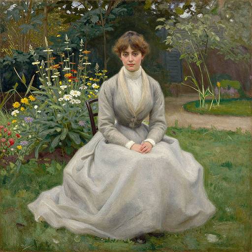 Oil painting of a Victorian woman in a white, full-skirted dress, seated in a lush, flower-filled garden, with a serene expression.