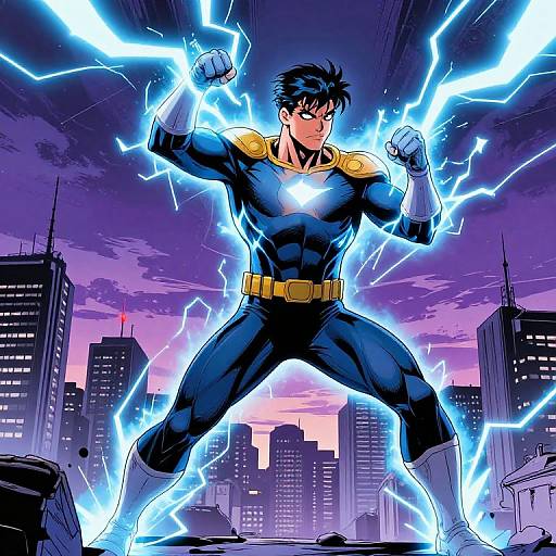 Superhero standing powerfully in cityscape at sunset, surrounded by blue lightning bolts, wearing blue suit with gold shoulder pads and white boots. Digital comic