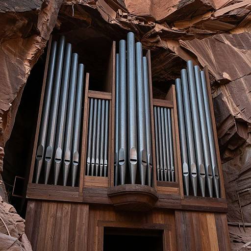 Photograph of an old wooden pipe organ nestled in a rugged, rocky alcove, with shiny silver pipes standing out against the dark, textured stone background