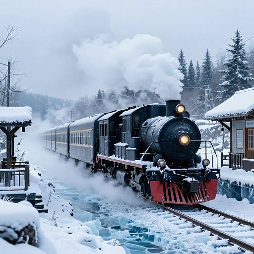 Photograph of a vintage black steam train with white smoke, passing through a snowy, winter landscape with snow-covered trees and tracks.