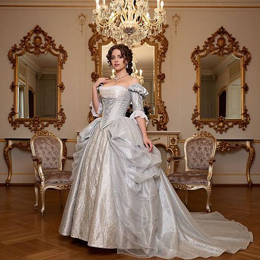Photograph of a brunette woman in an off-shoulder, silver lace wedding gown with a voluminous tulle skirt, standing in an opulent
