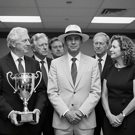 Group of Businesspeople with Trophy in Black and White