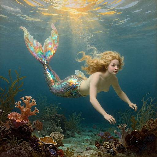 Photorealistic digital artwork: A shimmering mermaid with long blonde hair, iridescent tail, swims underwater near colorful coral and plants, sun