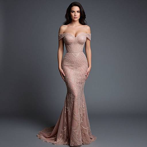 Photograph of a dark-haired woman in an off-shoulder, rose-gold, lace-embellished mermaid gown, standing against a