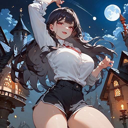 Anime Girl at Night Near Castle