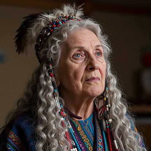Photograph of an elderly Native American woman with long, wavy white hair, wearing colorful beadwork and feathered headpiece, gazing thoughtfully