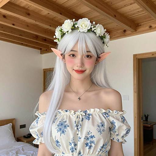 Elegant Elf Woman in Floral Dress