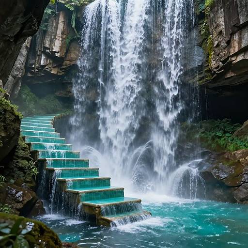 Photograph of a turquoise staircase leading up a cascading waterfall in a rocky, moss-covered canyon with misty water below.