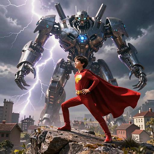 Photorealistic CGI: Superman in red suit, standing on rooftop, facing towering, lightning-armed robotic monster in stormy cityscape.