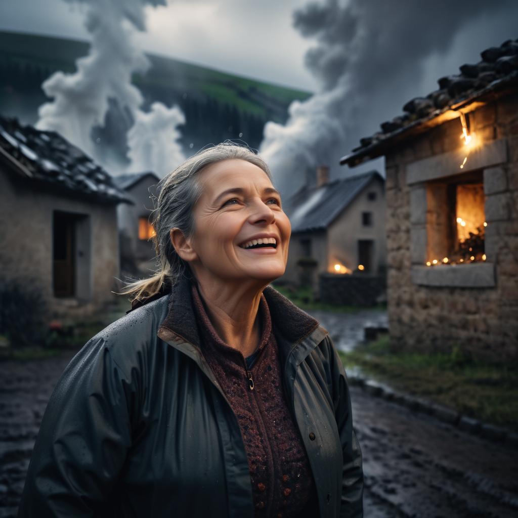 Joyful Woman Amidst Stormy Ashes