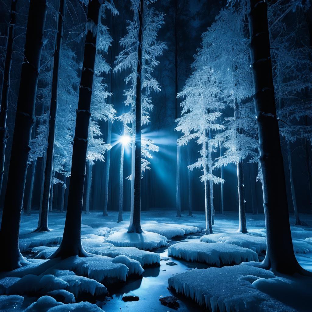 Enchanted Nighttime Ice Forest Scene